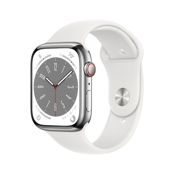 Restored Apple Watch Series 8 41mm GPS   Cellular Stainless Steel Silver   White Sport Band 32GB (Refurbished)