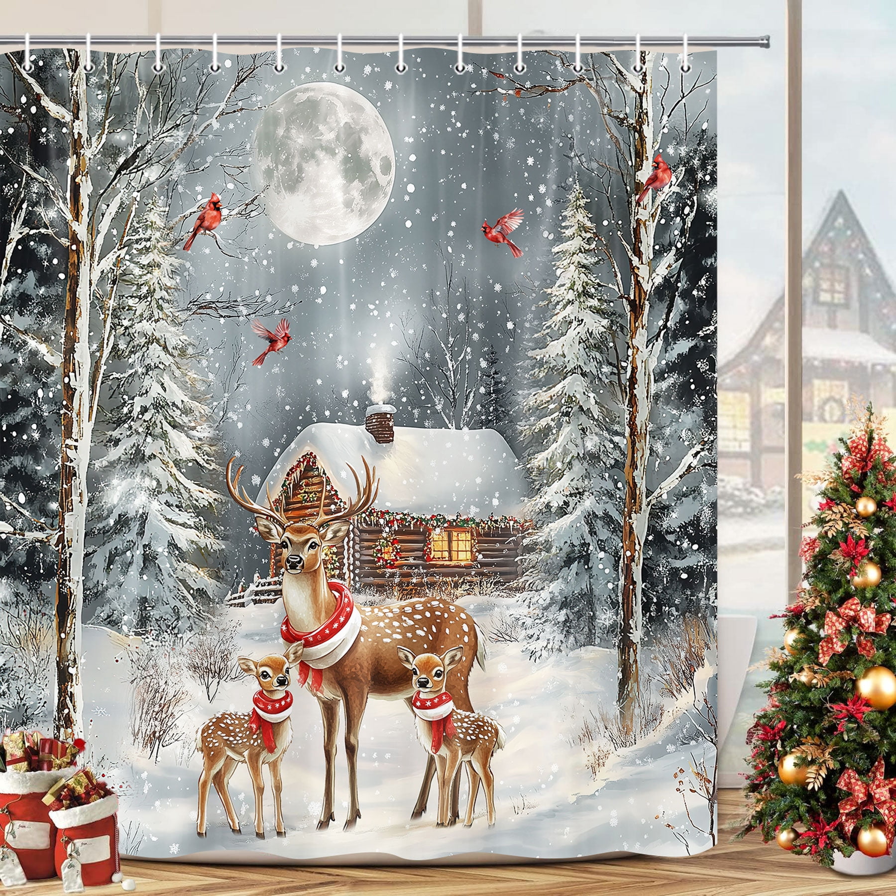 Christmas Deer Shower Curtain, Winter Forest Cabin Deer Cardinal Snowflake Scenery Shower Curtains for Bathroom, Rustic Farmhouse Snow New Year Fabric Bathtub Curtain Set with Hooks, 69X70IN