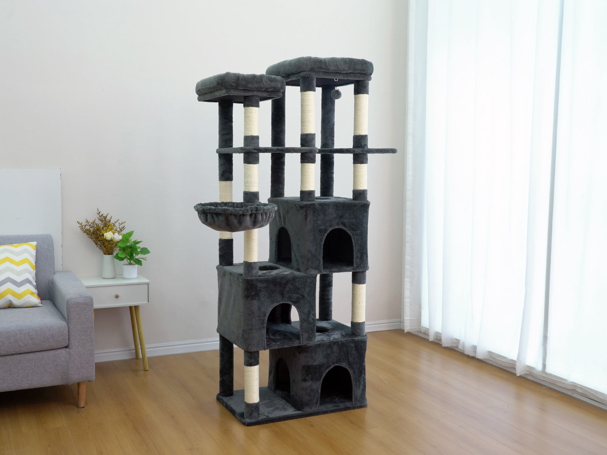 Vibrant Life Heavy Duty 7-Level 70" Cat Tree with Three Condos and Hammock, Dark Gray