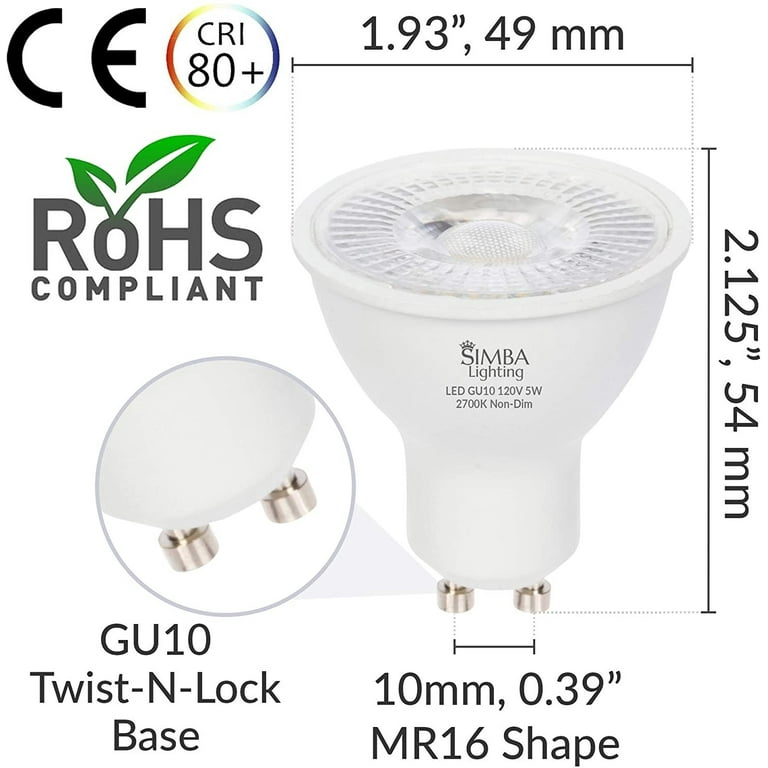6-Pack 2700K 5W Simba Lighting Light Non-Dimmable GU10 Twist 50W LED Base Bulb Spot Replacement 120V