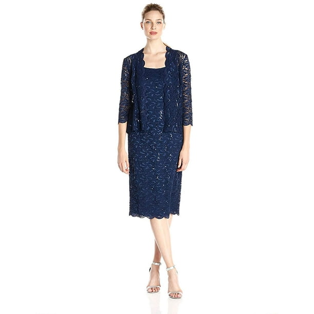 Alex Evenings Womens Shift Dress with Lace Jacket Petite and Regular 14 Navy
