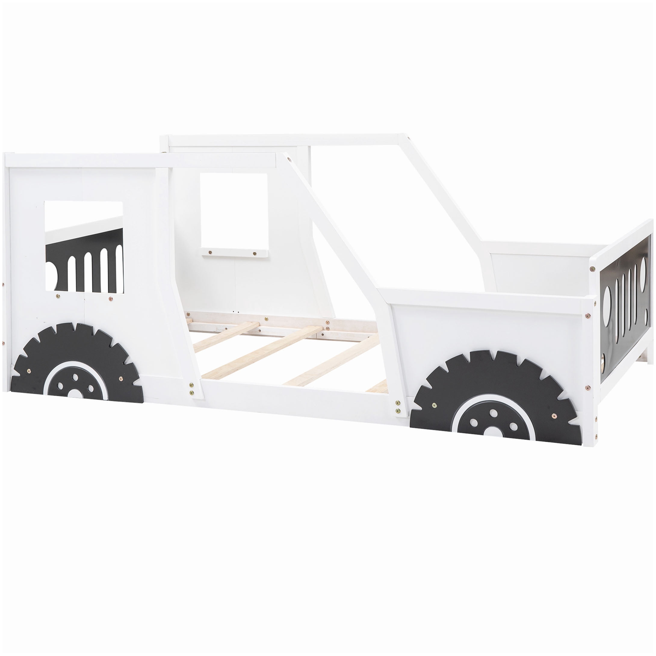 No Box Spring Race Car Bed Frame Twin Size, White Wood Platform with Decorative Wheels