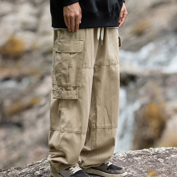 Wyongtao Men's Casual Cargo Pants Hiking Pants Workout Joggers Sweatpants with Zipper Pocket,Khaki XL