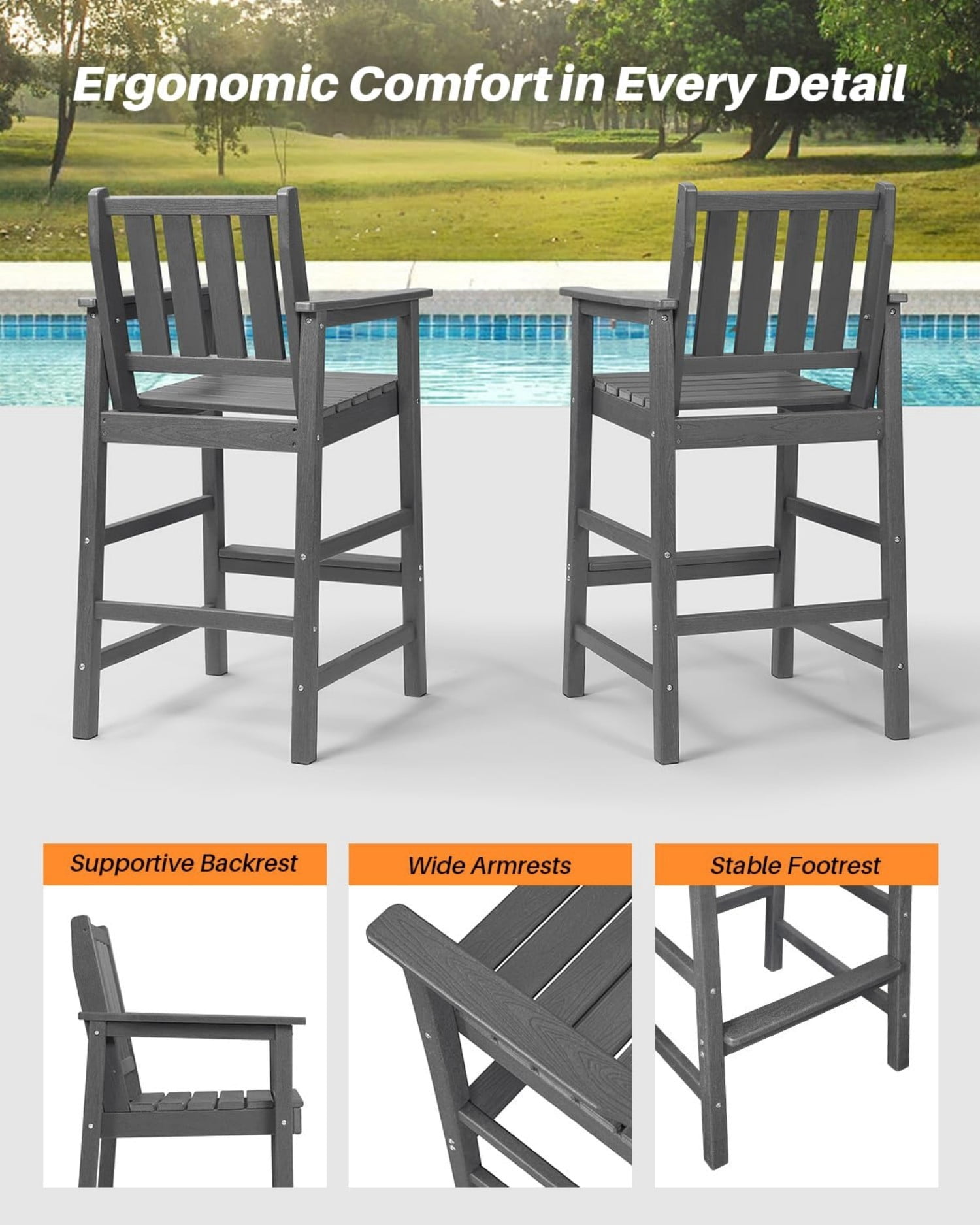 Adirondack Bar Chair Set of 2, HDPE Outdoor Bar Stools with Footrest, All Weather Adirondack Bar Height Chairs for Patio, Balcony, Porch, Deck, Poolside, Smoke Gray
