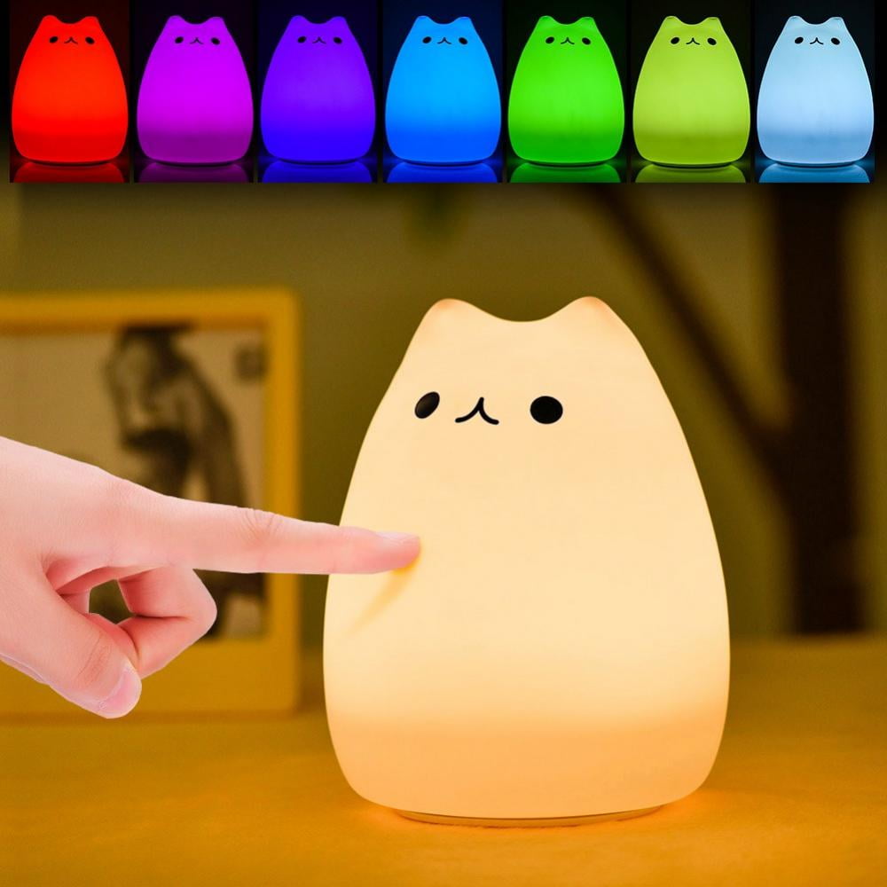 WALFRONT Children Night Light,Cute Cat Lamp Soft Silicone Sensitive Tap