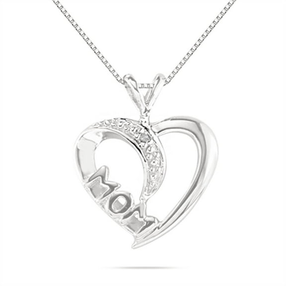 Mauli Jewels Engagement Necklace for Women 0.005 Carat Diamond And Mom Accented Heart Pendant prong 10K White Gold With 18'' White Rhodium Plated Silver Chain|Silver Chain