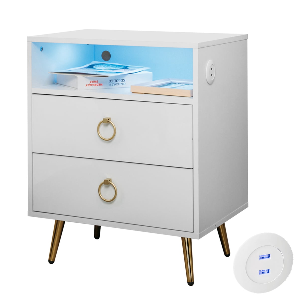 Hommpa Modern LED Nightstand High Gloss 2 Drawers Bedside Table 2 USB