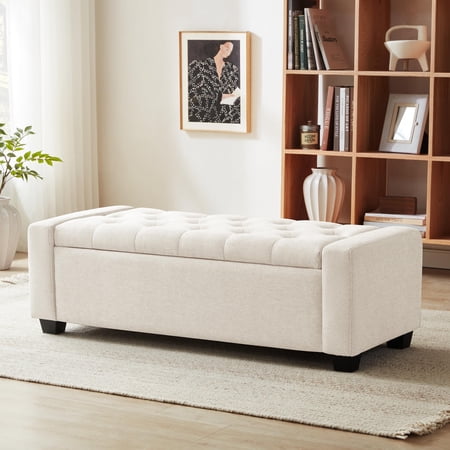 Upholstered Storage Ottoman Bench Rectangular Seating Footrest With Safety Hinges Button Tufted Bedside Toy Chest Organizer Entryway Shoe Bench For Living Room Bedroom Beige