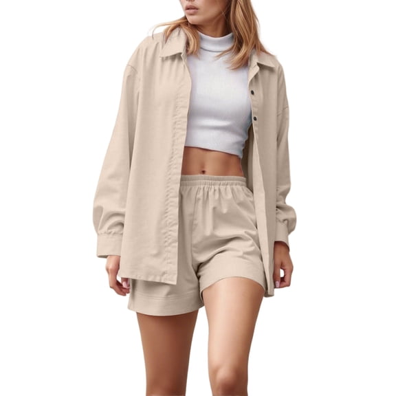 Women's Oversized 2 Piece Short Sets Cotton Solid Long Sleeve Button Down Shirts Outfits Summer Beach Vacation Relaxed Fit Suits