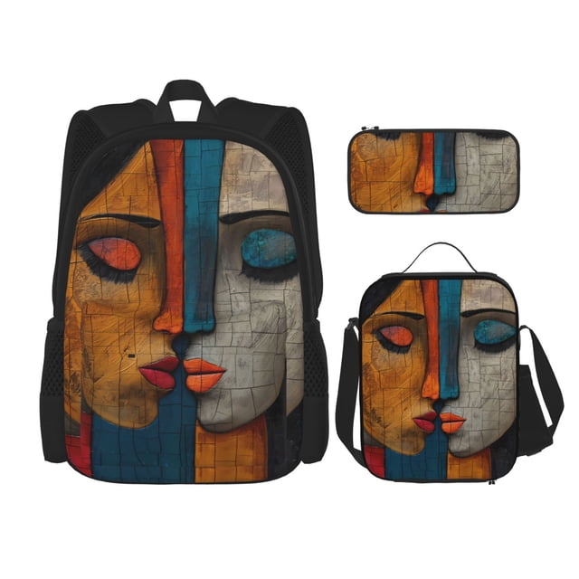 Disketp Abstract Colorful Duality Mochila Estampada de Gran Capacidad con Lonchera y Estuche, Set de 3 Piezas para Estudiantes