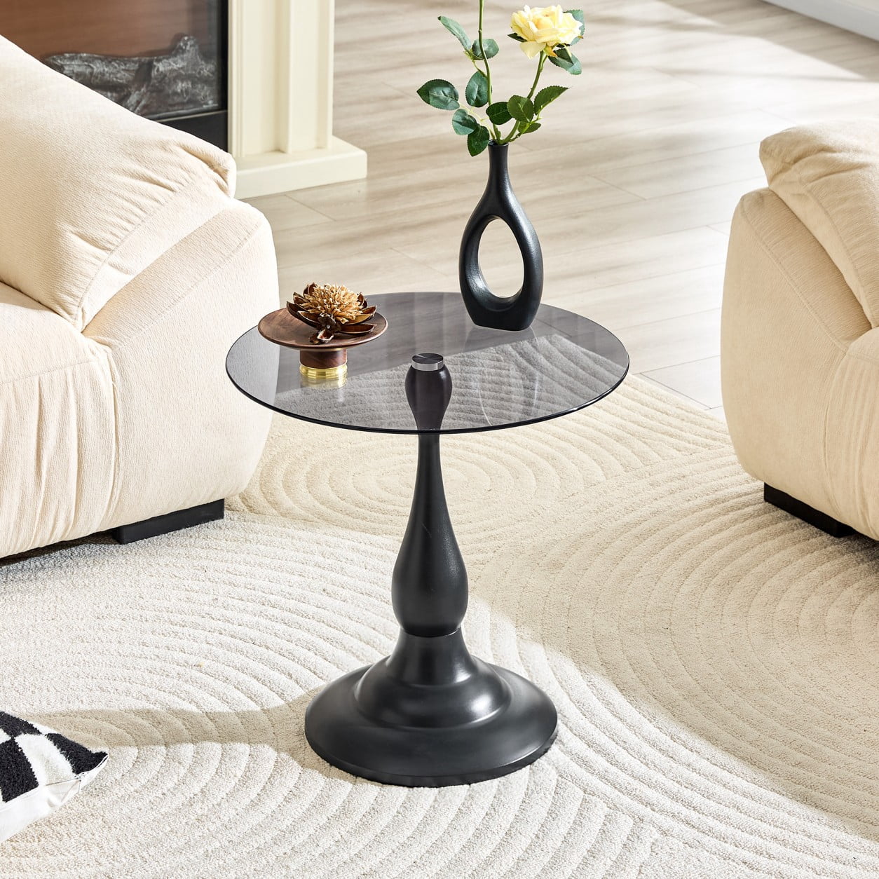 19.6" Round Side Table, Black Tempered Glass Top with Gray Metal Base, Modern End Table, Nightstand, Sofa Table for Living Room Bedroom