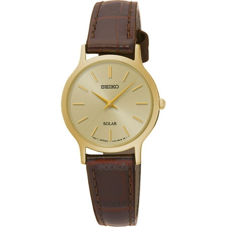 Womens Seiko Leather SEIKO SUP302P1,Ladies dress,Solar Quartz,Gold tone,Stainless steel Case,Leather Strap,30m WR,SUP302 ()