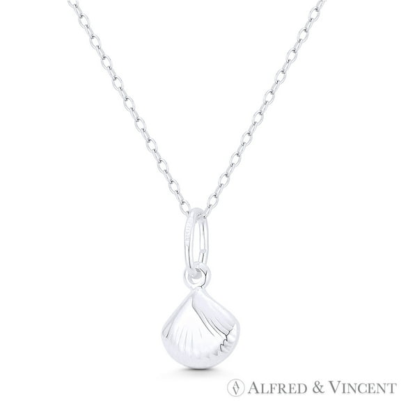 Scallop Clam Seashell Charm Reversible 3D 18x10mm (0.7x0.4in) Pendant & Chain Necklace in .925 Sterling Silver