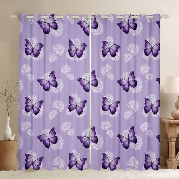 Homewish Purple Butterflies Black Out Curtains For Girls,Chic Floral Dandelion Curtains Pack of 2 (42x63 Each),Dreamy Princess Bedroom Curtains,Lightweight Room Decor