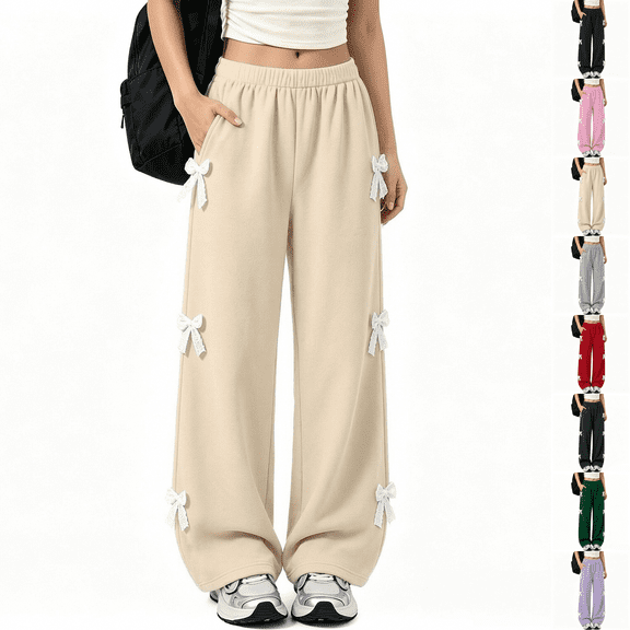 Asgosdo Baggy Sweatpants for Girls Bowknot Elastic Waisted Wide Leg Cute Soft Pants with Pockets Size 5-15Y
