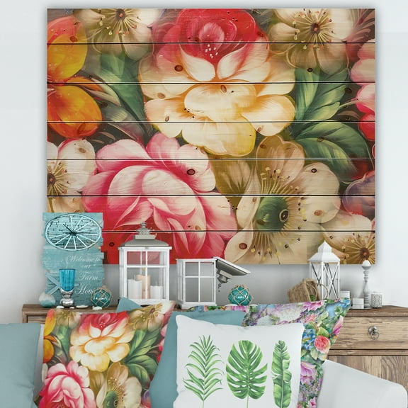 Designart 'Red and Yellow VIntage Flowers' Traditional Print on Natural Pine Wood