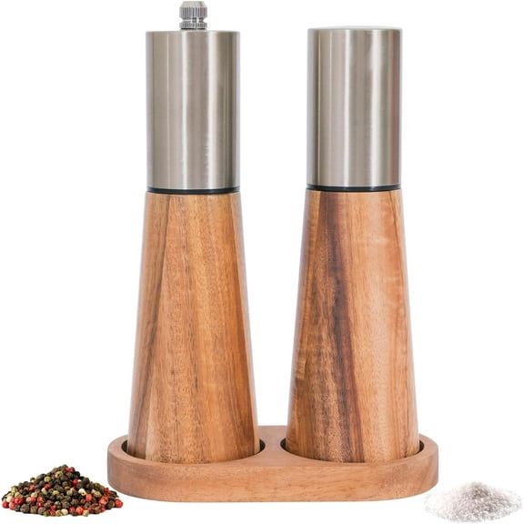 Salt Shaker and Pepper Grinder with Tray, Acacia Wood Salt and Pepper Grinder Set with High Strength Ceramic Grinding Core, Refillable Salt Shaker & Pepper Mill Adjustable for Customized Coarseness