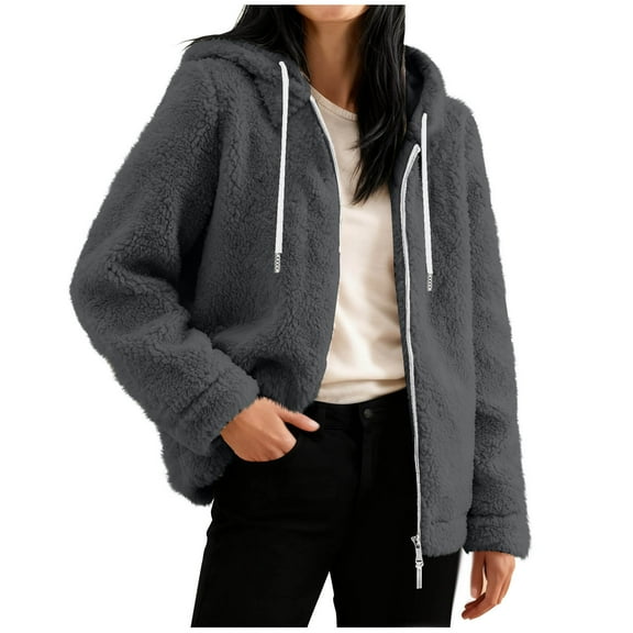 Womens Jacket Solid Color Fleece Zip Front Long Sleeve Hooded Cardigan Sizes S-2XL