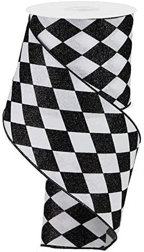Black White Diamonds Harlequin Ribbon - 4" x 10 Yards, Argyle, Black Wire Edged, Valentine's Day, Mardi Gras Wedding, Gift Wrapping, Wreath Decoration, Garland, Tree Topper Bow, Halloween, Christmas