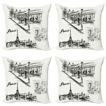 Eiffel Tower Throw Pillow Cushion Case Pack of 4, Paris Sketch Style Cafe Restaurant Landmark Canal Boat Lantern Retro Print, Modern Accent Double-Sided Print, 4 Sizes, Black White, by Ambesonne