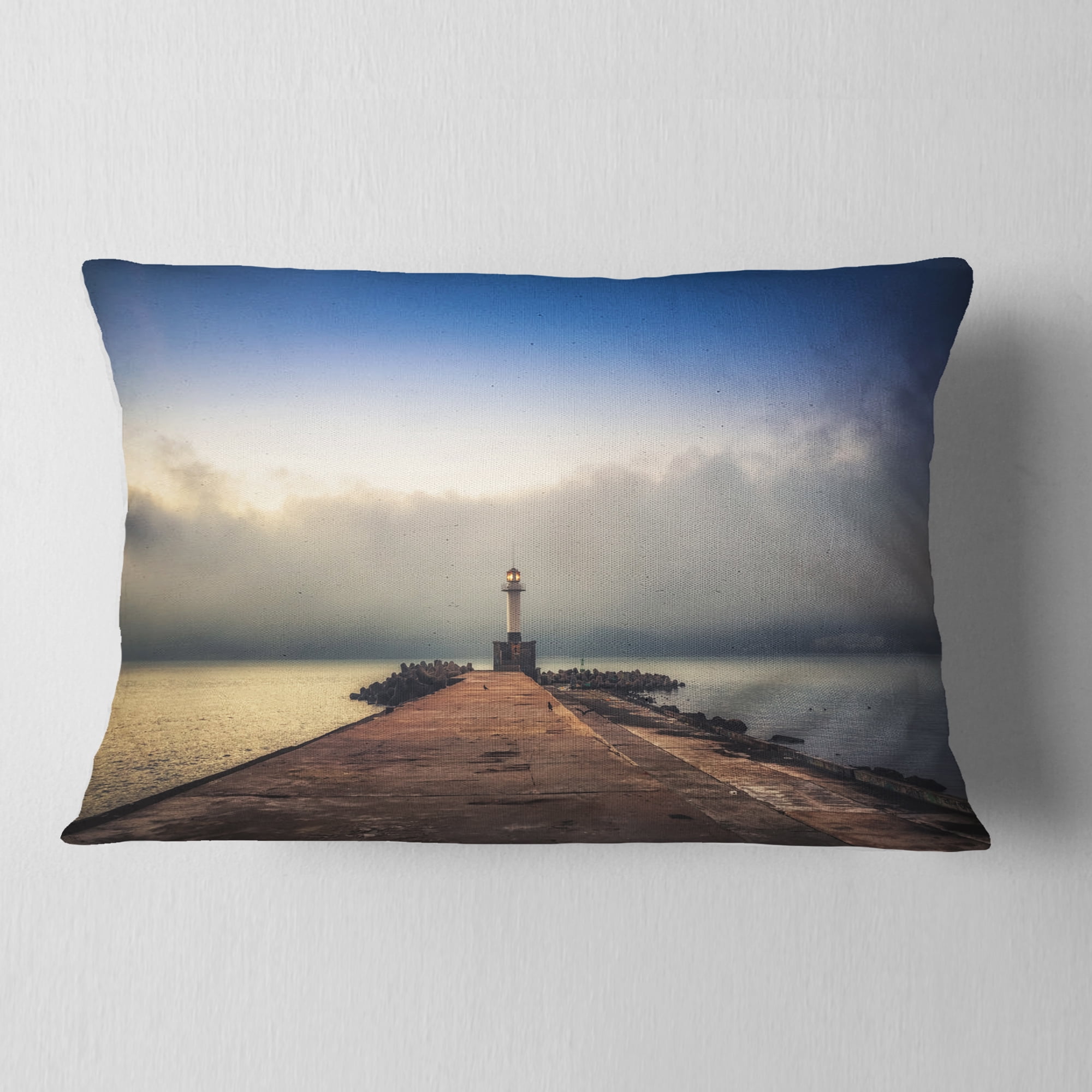 Designart Lighthouse on Coast and Cloudy Sky - Modern Throw Pillow - 12x20
