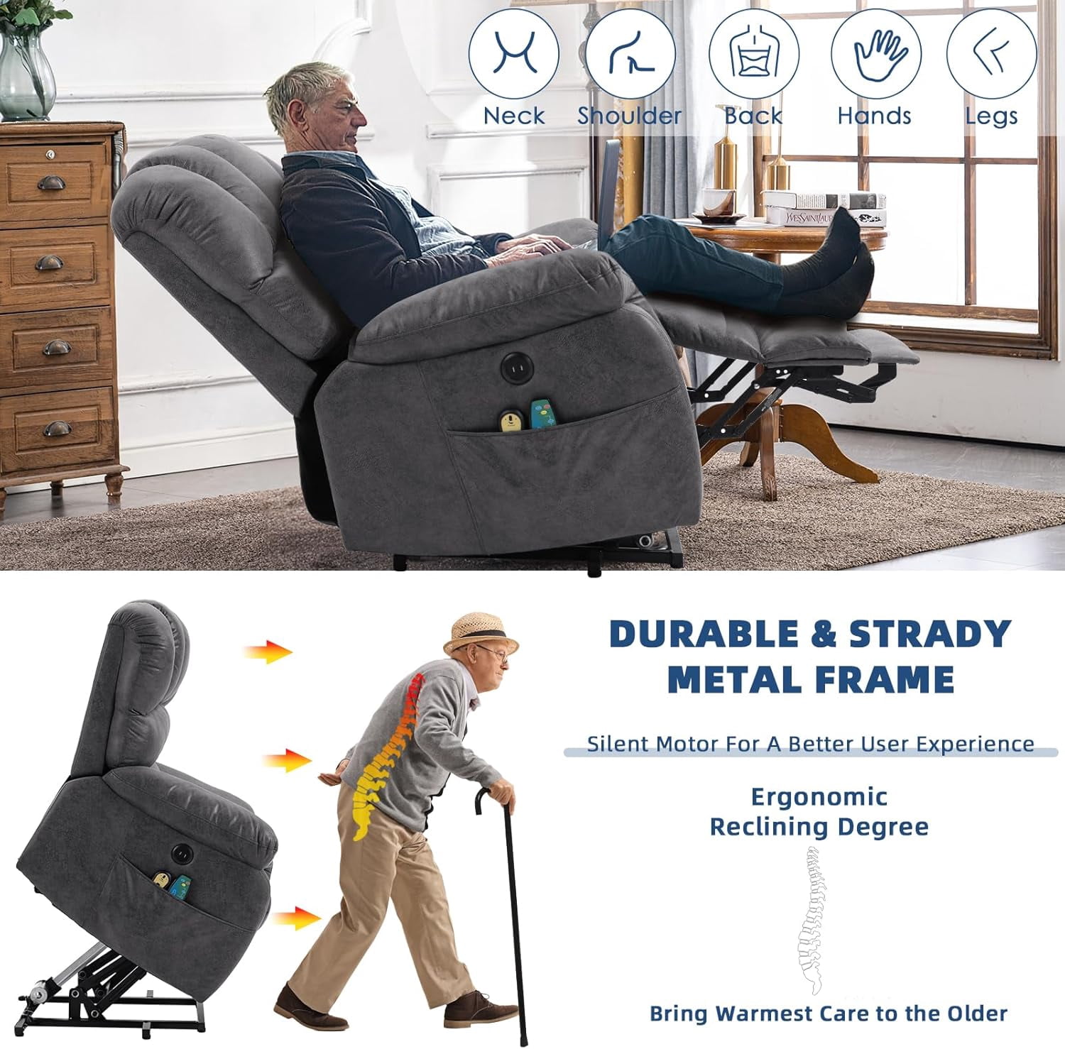 Large Electric Power Lift Recliner Chair with Extended Footrest for Elderly Tall Man, Overstuffed Heated Massage Wide Reclining Sofa with 2 Remote Controls, Side Pockets & USB Ports, Gray