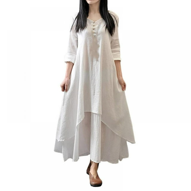 Femmes Coton et Lin Maxi Robe 2018 Printemps Été Faux Deux Pièces Demi-Manche Robe Irrégulière en Vrac Oversize