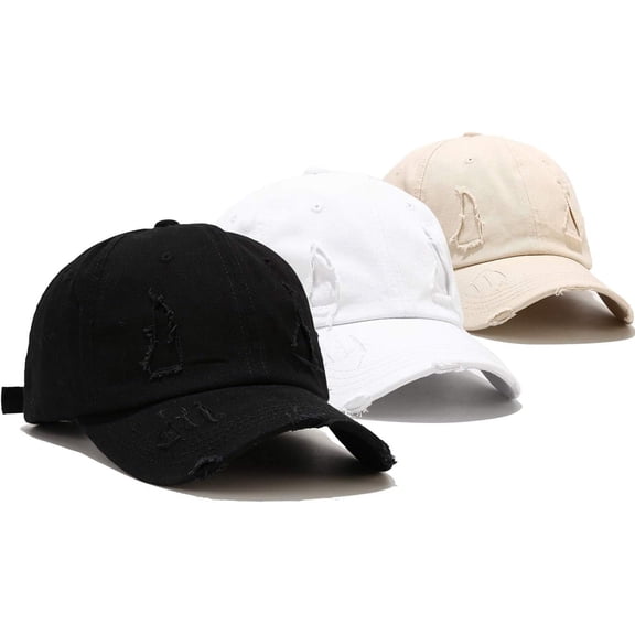 Baseball Cap 3 Pack Vintage Distressed Low Profile Unstructured Broken Patch Cotton Dad Hat Adjustable for Women Men