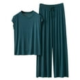 thumbnail image 1 of Women Homewear Solid Color Loose Pajamas Short Sleeve T Shirt Drawstring Wide Leg Pants Sleepwear 2 Piece Set, 1 of 6