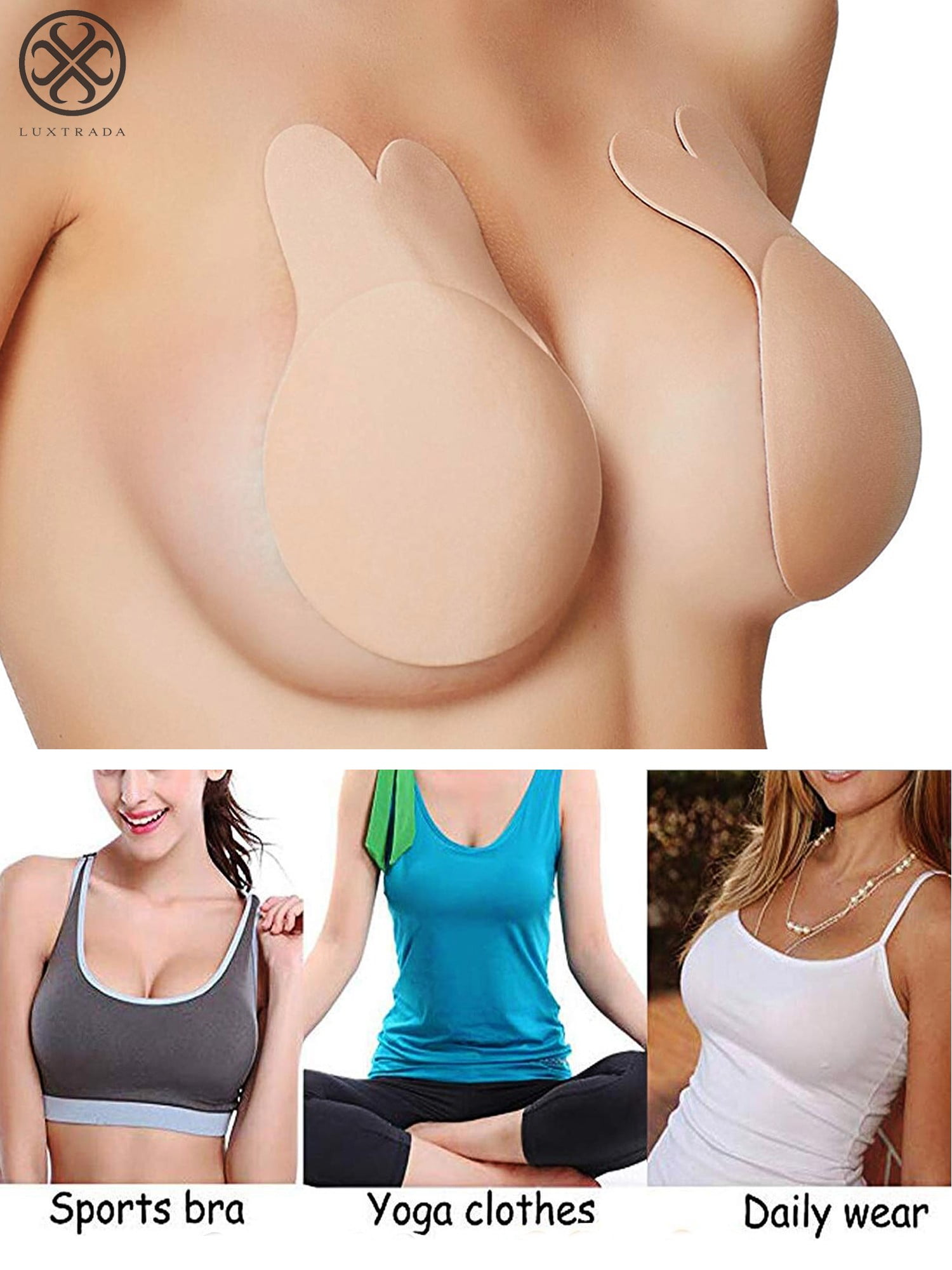 Luxtrada Women Adhesive Lift Invisible Bra Backless Nipplecovers Push Up  Bra Strapless Sticky Rabbit Ear Black, C-D Cup