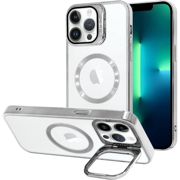 for iPhone 13 Pro Max Case Magnetic Clear with Camera Cover [Compatible with MagSafe] Stand Hard Luxury Plating Phone Cases for iPhone 13 Pro Max for Women Men -Sliver