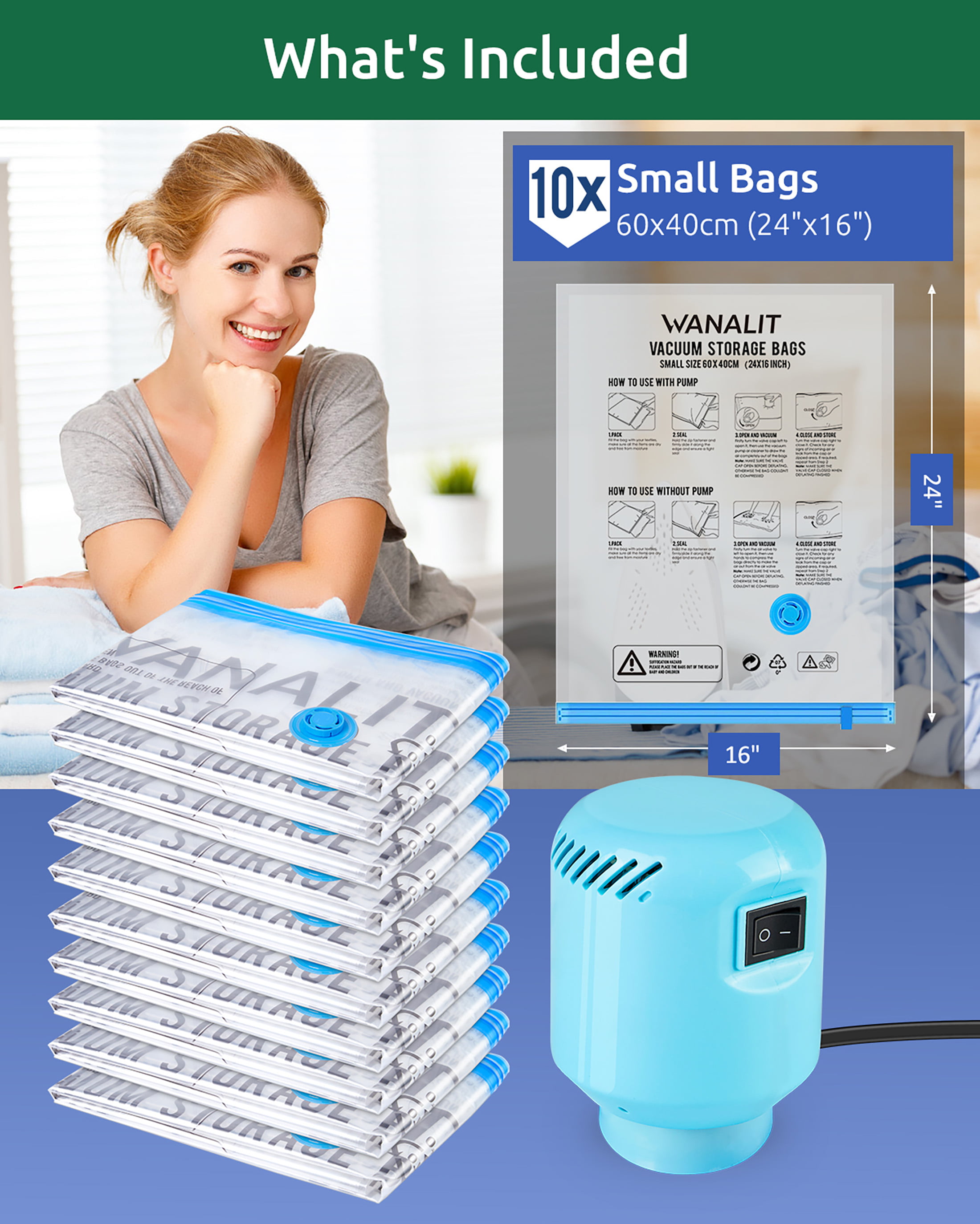 WANALIT 15 Pack Vacuum Storage Bags Set with Electric Air Pump