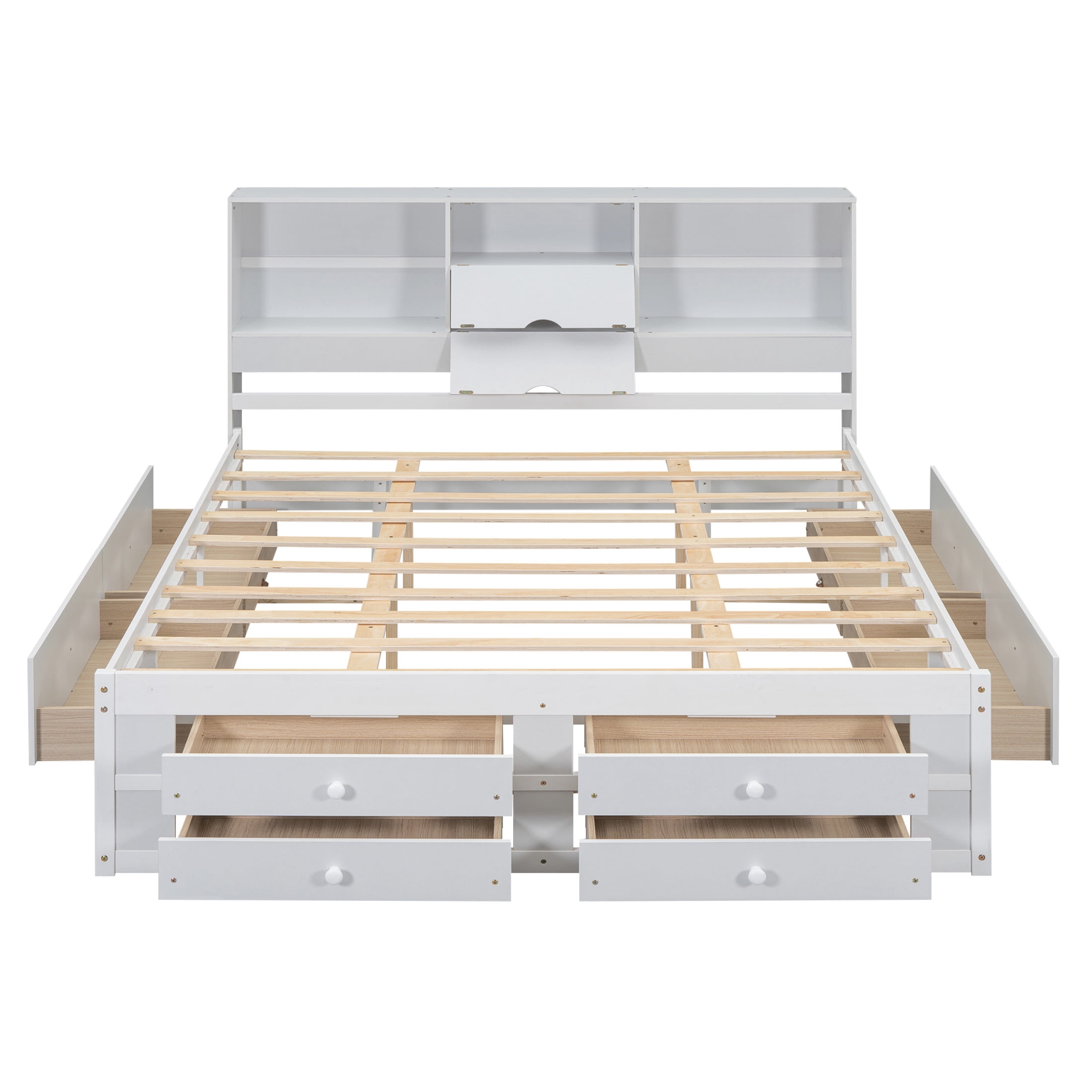 Noble House Solridge King Size Platform Bed with Bookcase Headboard and Storage Drawers, Solid Wood Frame, White
