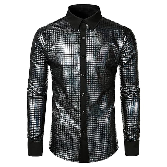 Mens Performance Clothing Sequin Casual Shirt New Mens Fashion Shiny Lapel