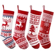 Sanmadrola 4 Pack 18 Large Knit Christmas Stockings Reindeer Christmas Tree Snow Flakes Knitted Stocking Decorations for Holiday Tree Decor