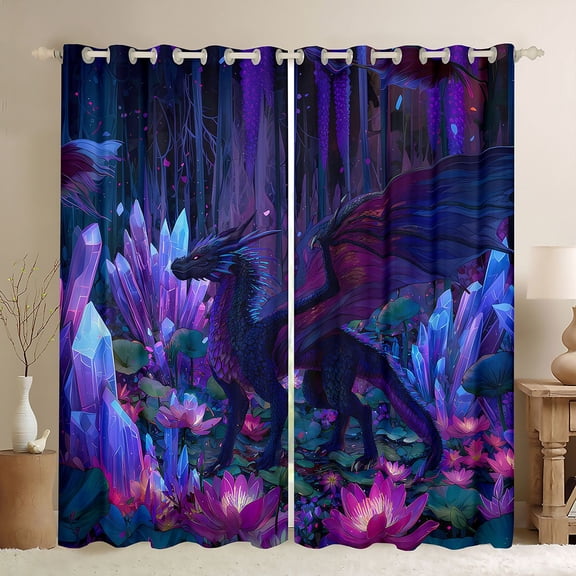 Homewish Pink Lotus Leaves Black Out Curtains,Cartoon Dragon Curtains Pack of 2 (42x63 Each),Fantasy Theme Bedroom Curtains For Teens,Ultra Soft Home Decor