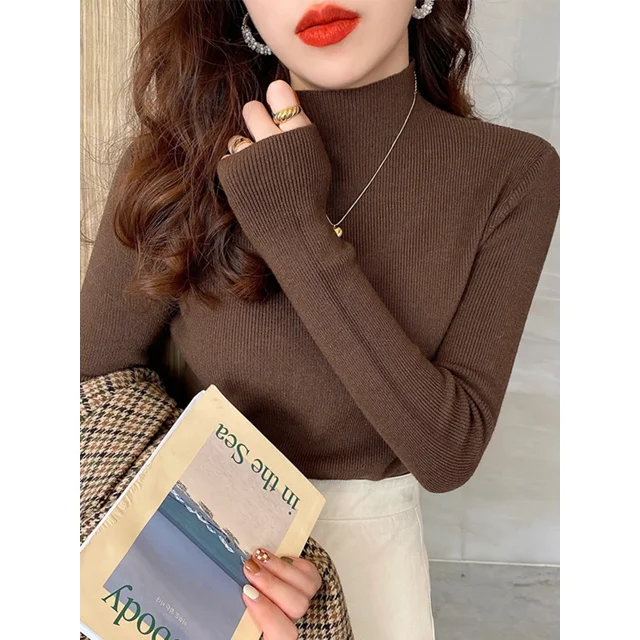 Korea Autumn Women Pullover Sweater Fashion Half Turtleneck Knitted Female Jumper Long Sleeve Winter Black Soft Elastic Blouse