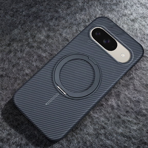ELEHOLD Magnetic Case for Google Pixel 9A, Carbon Fiber Pattern Shockproof Phone Case with Ring Kickstand,Black