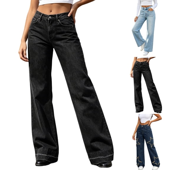 Smsaxvxz Women's Wide Leg Jeans Fashion Button Zip Vintage Denim Pants with Pockets Black M