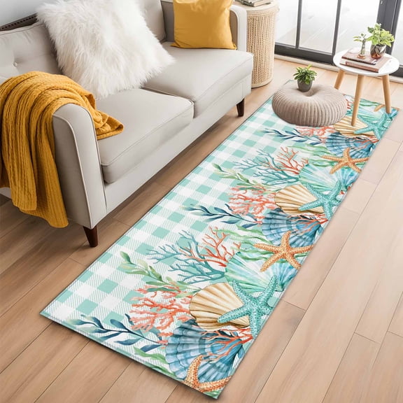 Runner Rug 2'x6', Summer Coastal Washable Non-Slip Hallway Runner Rugs, Watercolor Corals Shells Starfish Green Plaid Bedside Rugs Floor Mats Carpet Runners for Kitchen Bathroom Laundry Room