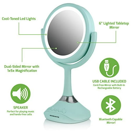 Ovente 6 Lighted Tabletop Makeup Mirror With Bluetooth Audio And Speakerphone Rechargeable Battery Operated Usb Cable Included 1x 5x