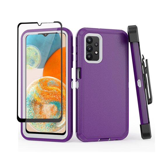 TASHHAR Samsung Galaxy A23 5G Case with Belt Clip Holster and Screen Protector Military Grade Protection 3 in 1 Shockproof Armor Rugged Durable Detachable for Galaxy A23 5G Phone - Purple White