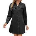 thumbnail image 2 of Sevevn Women's Stand Collar Button Down Denim Shirt Dress Long Sleeve Chest Patch Pocket Side Split Loose Casual Mini Jean Dress Black L, 2 of 9