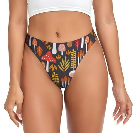 Qokaie Mushrooms And Leaves Printed Women s Cotton Thong Underwear  Sexy Breathable Panties G-string-X-Small