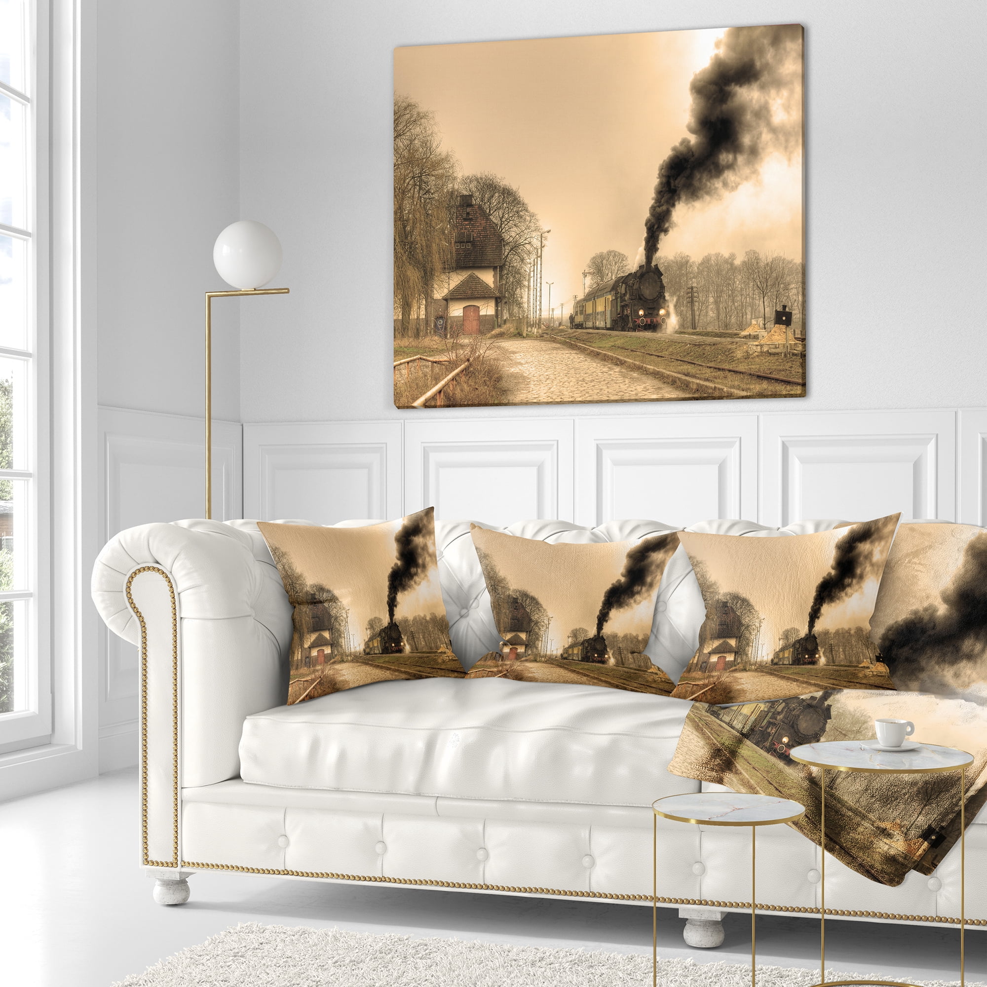 Designart Retro Steam Train - Landscape Photography Throw Pillow - 18x18