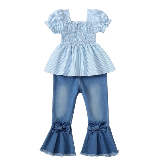 6Y Little Girls Clothes 7Y Girls Denim Pant Set Outfits Set Little Girls Short Sleeve Square Neckline Top Jeans Pants 2PCS Set Blue