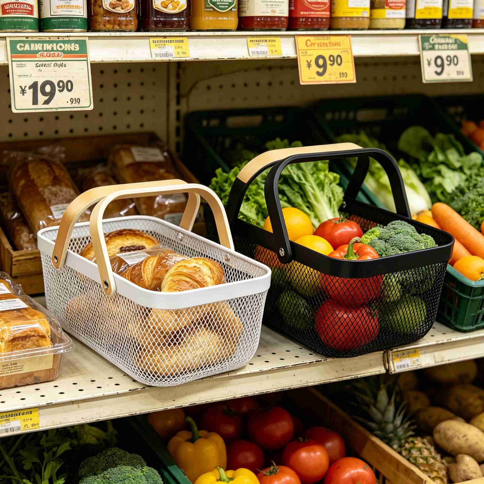 MODANU Metal Mesh Storage Basket with Handle, Garden Harvest Basket, Mesh Fruit Vegetables Gathering Basket Bin, Multi-Functional Metal Wire Basket for Kitchen Garden Picnic Cabinet, White