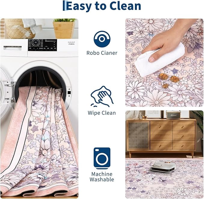 8'x 10' Runner Rug for Hallways Kitchen Non Slip Washable Rugs with Rubber Backing Soft Floral Carpet Runner for Hallways, Kitchen, Laundry, Bedroom, Bathroom-Light Pink