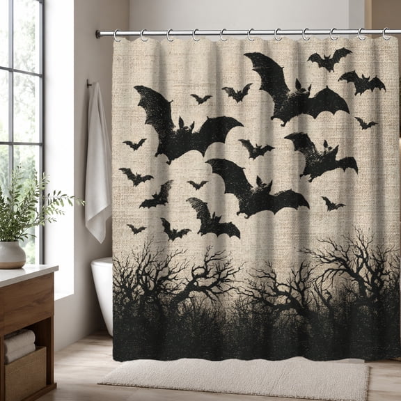 Halloween Shower Curtain for Bathroom, Black Bat Forest Pattern Fabric Shower Curtain, Spooky Halloween Bathroom Decor with Gothic Woodland Design, Waterproof Polyester Shower Curtain for Home Apartm