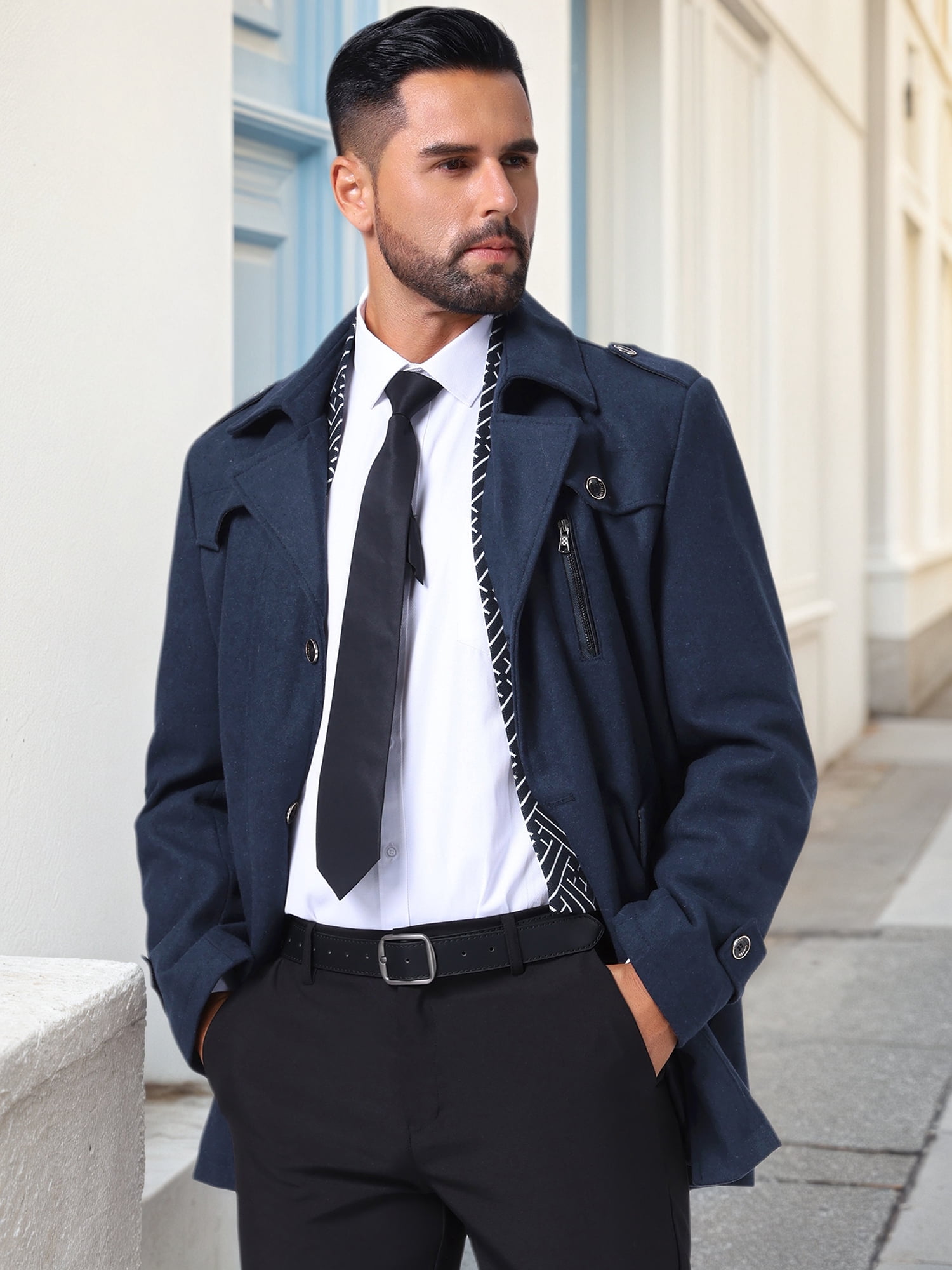 DARING DIVA Men's Mid-Length Overcoat Zipper Single Breasted Winter Coat S Dark Blue